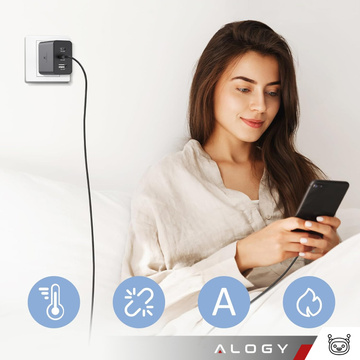 Rýchla 65W nástenná nabíjačka 2x USB-C typ C PD USB-A USB Alogy 3 porty silná čierna