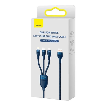 Kabel USB 3w1 Baseus Flash Series, USB-C micro USB Lightning, 66W, 1,2 m (niebieski)