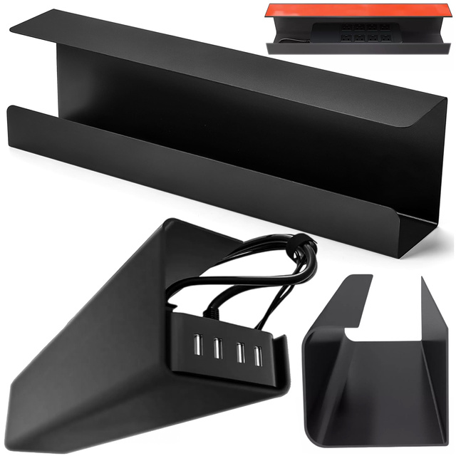 Organizér kabelů pod desku stolu, police na kabely, kabelové lišty, deska, stůl Alogy, 55 cm, černá