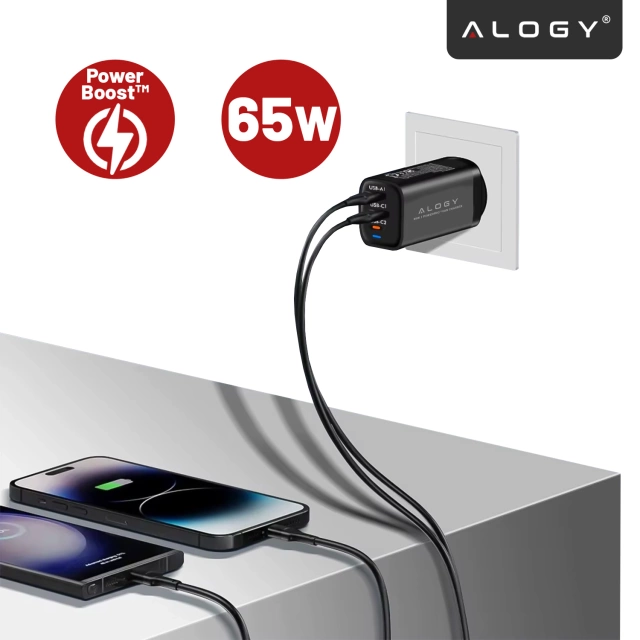 Alogy GaNCarge Kompaktní nástěnná nabíječka 3v1 rychlé nabíjení GaN3 65W USB-A 30W 2x USB-C 65W černá
