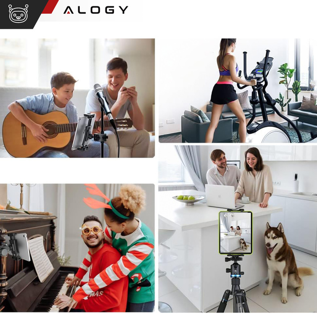 Тримач для планшета 4.7"-12.9" для штанги, штатива, керма для тренажера, велотренажера, бігової доріжки, підставки під головник Alogy black