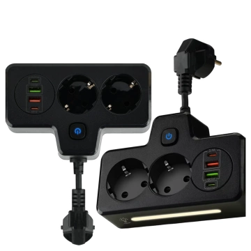 Alogy Plug Extender rozbočovač zásuvek rozbočovač adaptér prodlužovací kabel 2x EU zástrčka 2x USB 2x USB-C Černá