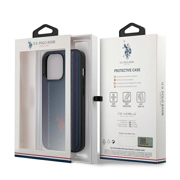 Puzdro US Polo Leather Stitch iPhone 14 Pro 6,1" na telefón námornícka modrá/námorná modrá