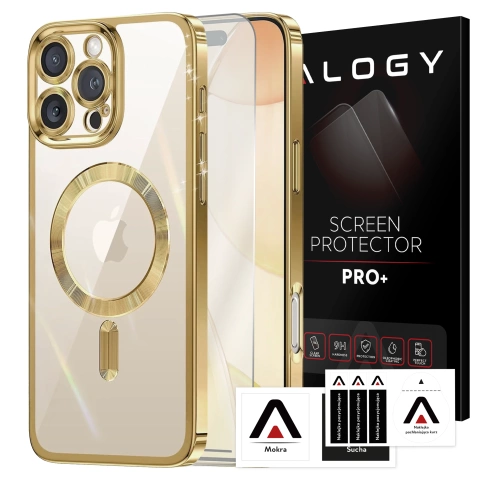 Etui MagSafe Case do Apple iPhone 16 Pro Alogy Glamour Luxury Ring obudowa złoto-przezroczyste + szkło hartowane