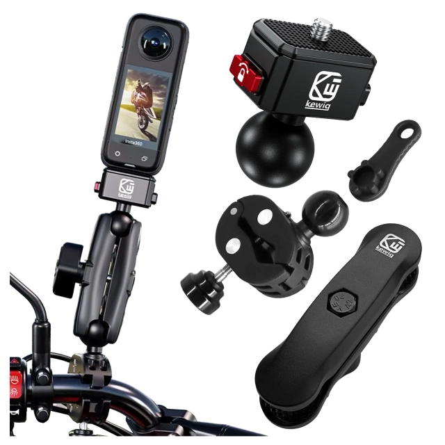 Kewig QuickLock Aluminum Motorcycle Mount for 1/4 360 Action Cameras, Stable with Anti-Vibration Lock, Quick-Clamp Mount on Handlebar or Frame