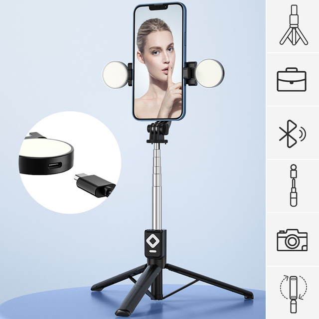 Držiak telefónu na selfie tyč Statív Ring LED Statív s diaľkovým ovládaním Bluetooth čierny