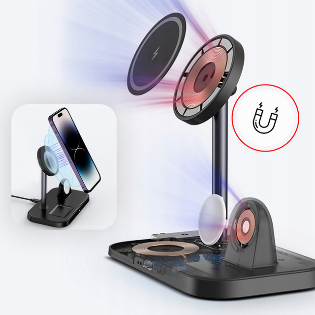 Qi Mag Safe 15W induktives Ladegerät für iPhone Apple Watch AirPods 3in1 kabellose Standstation Schwarz