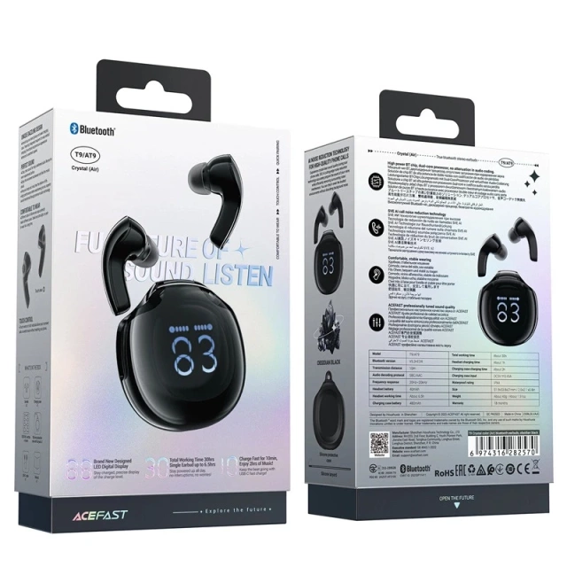 Acefast T9 Bluetooth 5.3 In-Ear-Kopfhörer mit Display, kabellos, Schwarz