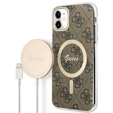 Zestaw Guess GUBPN61H4EACSW Case Charger iPhone 11 6,1" pevné puzdro 4G MagSafe Print brązowy/brown