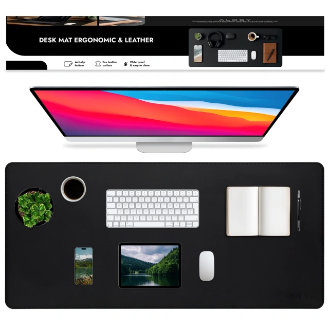 Desk pad 80×40 cm – anti-slip protective mat made of elegant PU eco-leather, for mouse and keyboard, stylish and durable – Alogy WorkMat™ Black