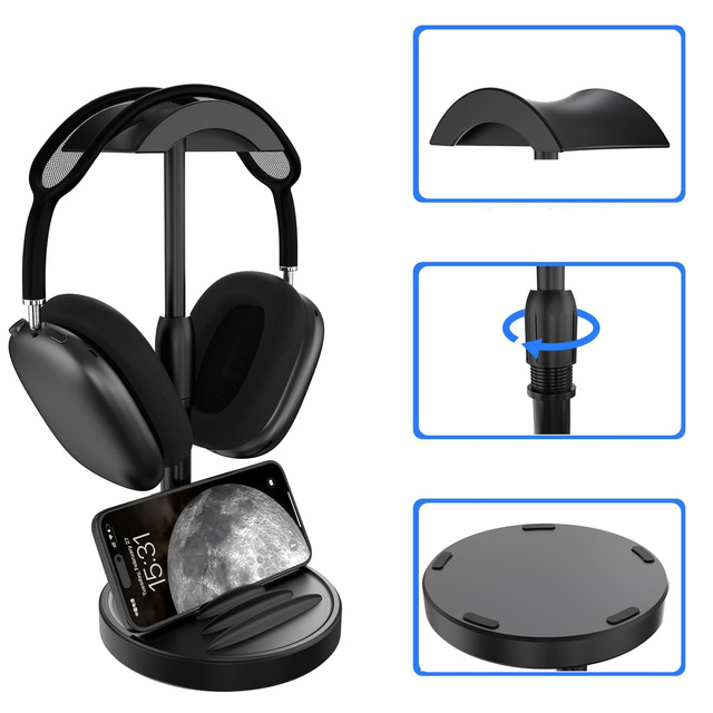 Desk Stand Headphone Hook Holder Adjustable for Desk with Phone Stand Hanger Hook Alogy Black