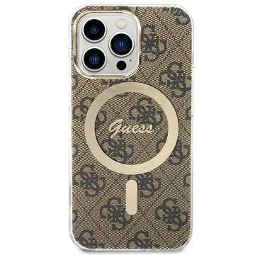 Nabíječka pouzdra Zestaw Guess GUBPP13LH4EACSW iPhone 13 Pro brązowy/hnědé pevné pouzdro 4G MagSafe Print