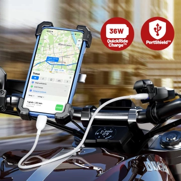 Motocyklová nabíječka Kewig USB-C 36W, rychlé nabíjení QC, vodotěsná IP65 s vypínačem a LED podsvícením, upevnění na řídítka, pro telefon, kameru, interkom – černá