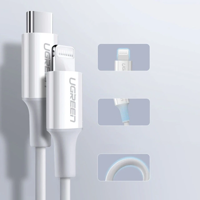 Uzelený kábel USB typu C – Lightning 3A 0,25 m biely (US171)