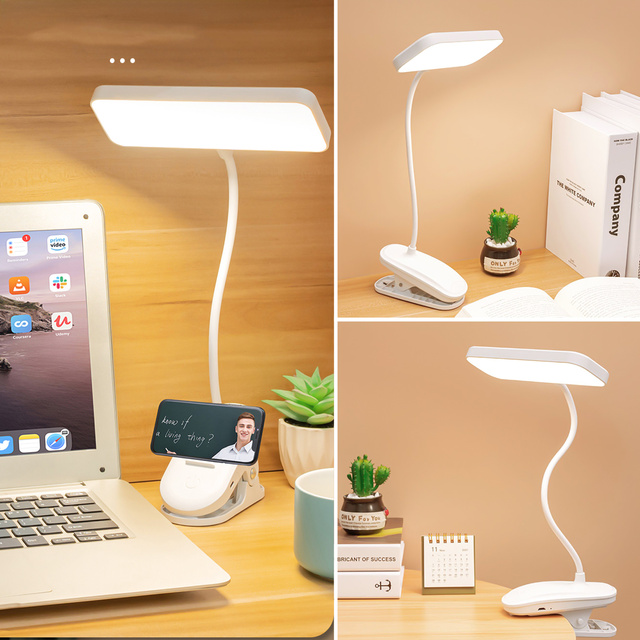 LED-Schreibtisch-Nachtlicht, Lesepult mit Clip, Clip-Lampe, Touch 3 Modi, kabelloses USB-Kabel, Weiß