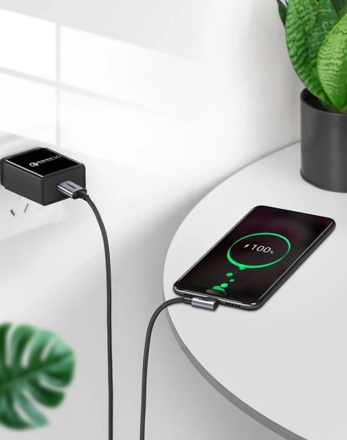 Uzelený uhlový kábel USB – USB typu C 2m 3A sivý (50942)