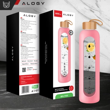 Alogy Large Glass Bottle Drinking Bottle Motivational Measuring Cup 1l 1000ml Silicone Case Pink