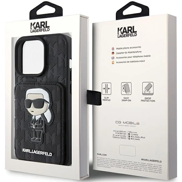 Etui Karl Lagerfeld KLHCP15LSAKKNSCK pro iPhone 15 Pro 6,1" černé/černé pevné pouzdro Saffiano sloty pro karty a stojánek Monogram Ikonik Patch