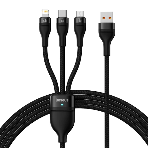 Baseus Flash Series Ⅱ 3v1 rýchlonabíjací kábel USB-A na USB-C / Micro-USB / Lightning 66 W 480 Mbps 1,2 m čierny