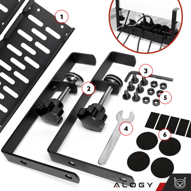 Cable organizer under the tabletop, adjustable shelf for cables, desk strip, aluminum holder Alogy Black
