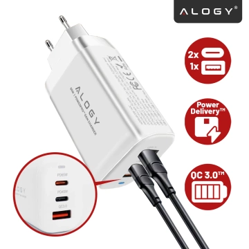Alogy GaNCarge Kompaktná nástenná nabíjačka 3v1 rýchle nabíjanie GaN3 65W USB-A 30W 2x USB-C 65W biela