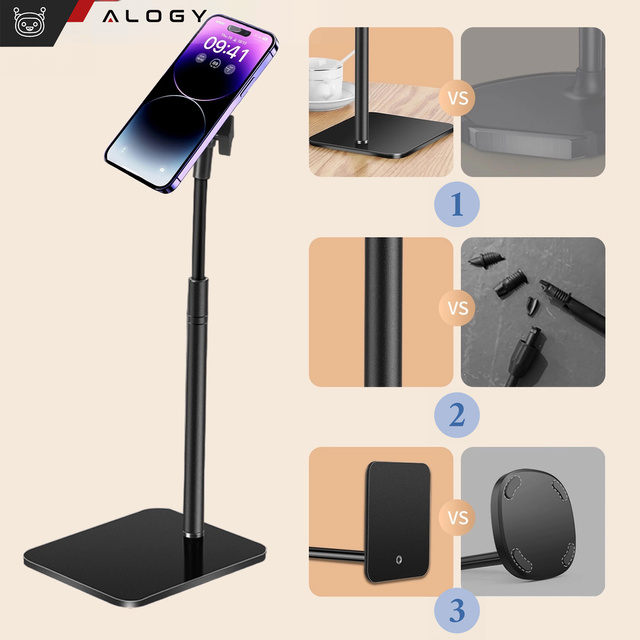 Phone holder stand for Mag Safe magnetic desk Telescopic tripod for phone steel ABS Alogy Black