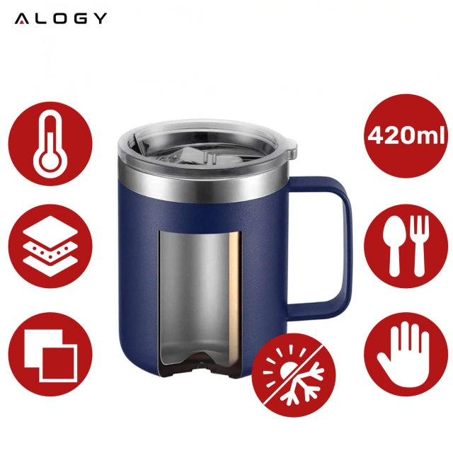 Thermobecher 420 ml mit Griffdeckel für Kaffee, Tee, kalte und warme Getränke aus Stahl, Alogy, Marineblau