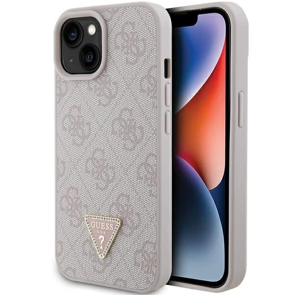 Etui Guess GUHCP15SP4TDPP na iPhone 15 6,1" ružové/ružové pevné kožené puzdro 4G Triangle Strass