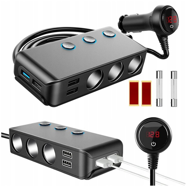 Cigarette lighter socket splitter x3 car 4x USB QC 12-24V Charger Adapter switch 120W Alogy Black