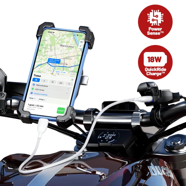 Kewig USB-A Motorcycle Charger 18W, QC Fast Charging, Waterproof IP65 with On/Off Switch and LED Backlight, Handlebar Mount, for Phone, Camera, Intercom – Black