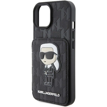 Etui Karl Lagerfeld KLHCP15SSAKKNSCK pro iPhone 15 6,1" černé/černé pevné pouzdro Saffiano sloty pro karty a stojánek Monogram Ikonik Patch