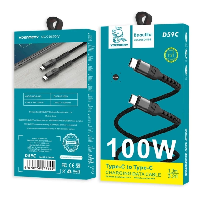 Kabel Denmen USB-C na USB-C 100W 1m s rychlonabíjením, černý