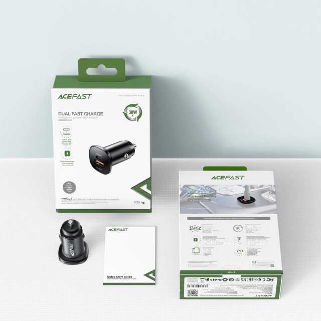 Автомобільний зарядний пристрій Acefast 38W USB Type C / USB, PPS, Power Delivery, Quick Charge 3.0, AFC, FCP black (B1 black)