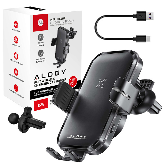 Alogy Fast Charging držák do auta s 15W indukční Qi nabíječkou automatická pro auto na síti rychlé nabíjení černý