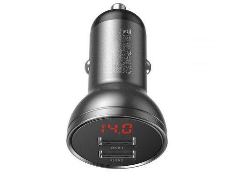 Автомобільний зарядний пристрій Baseus 2x USB LED 4.8A 24W сірий кабель USB-C