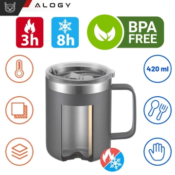 Thermobecher 420 ml mit Griffdeckel für Kaffee, Tee, kalte und warme Getränke aus Stahl, Alogy, Marineblau