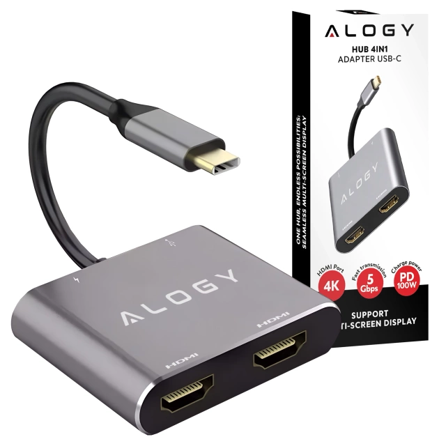 HUB-Splitter Alogy-Adapter für Computer-Laptop mit USB-C auf 3x USB-A 2.0 1x USB-A 3.0 Grau