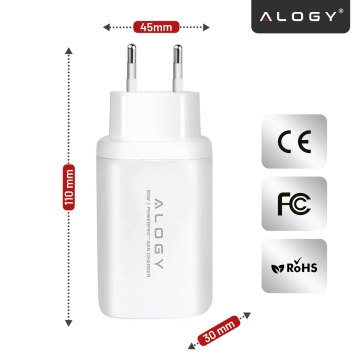 Alogy GaNCharge Kompaktes 3-in-1-Wandladegerät, schnelles Laden, GaN3, 65 W, USB-A, 30 W, 2 x USB-C, 65 W, Weiß