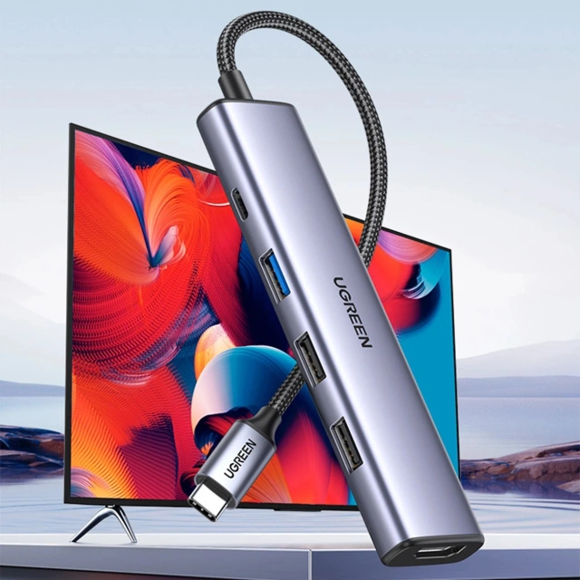Ugreen CM478 USB-C na HDMI / USB-A 3.0 / 2x USB 2.0 / PD adaptér, sivý
