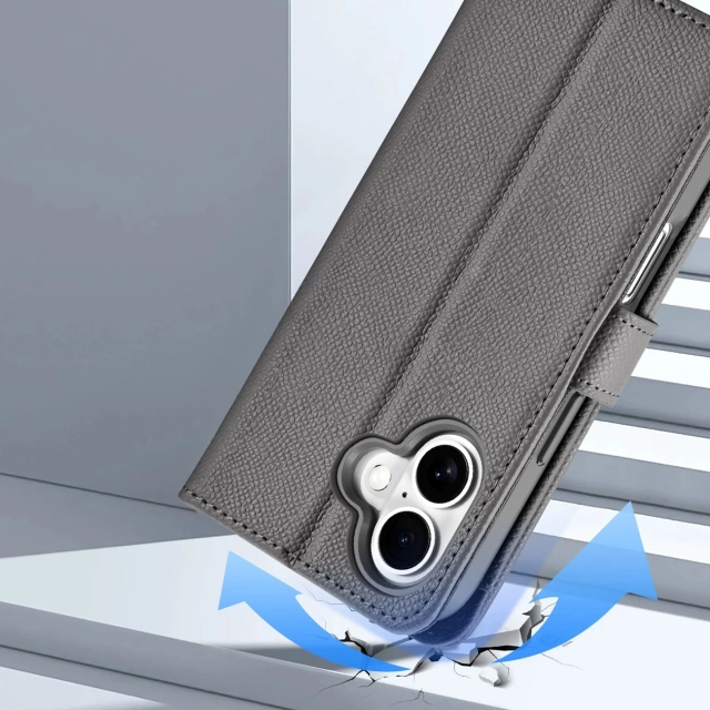 Etui skórzane do iPhone 16 MagSafe Dux Ducis Lawa + portfel – szare