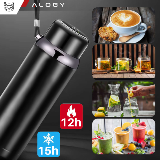 Thermos bottle thermal water bottle 800ml for coffee tea yerba mate LED strainer string Alogy display Black Washing brush