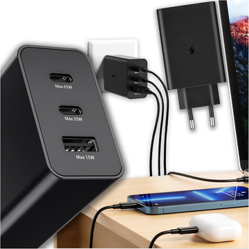 Rýchla 65W nástenná nabíjačka 2x USB-C typ C PD USB-A USB Alogy 3 porty silná čierna
