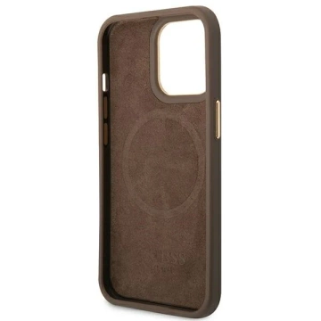 Etui Guess GUHMP14LU4GPRW pre Apple iPhone 14 Pro 6,1" brązový/hnedý pevný obal 4G Logo Plate MagSafe