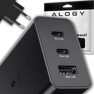 Rýchla 65W nástenná nabíjačka 2x USB-C typ C PD USB-A USB Alogy 3 porty silná čierna