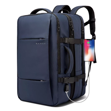 Bange Waterproof Backpack for Laptop 15.6" City Travel 47x31x15-25 cm for Work Airplane Men's Women's with USB Port Navy Blue