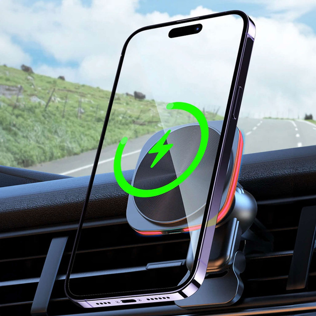 Автомобільний тримач для решітки з зарядним пристроєм Mag Safe 15w для iPhone LED PD QC 3.0 для автоповітряника Alogy black