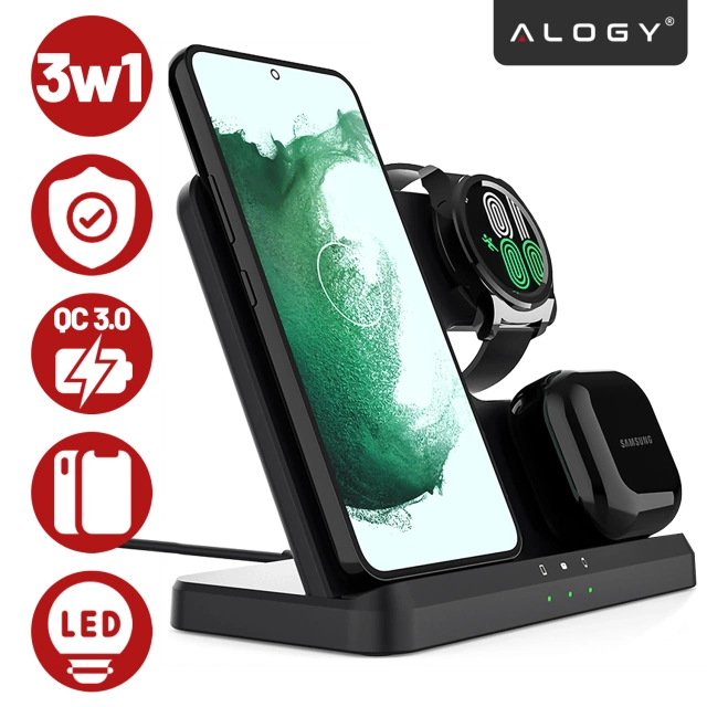 Bezdrátová indukční nabíječka 3v1 Qi 3.0 Fast pro Samsung S22 S23 S24 Galaxy Watch Buds Station černá