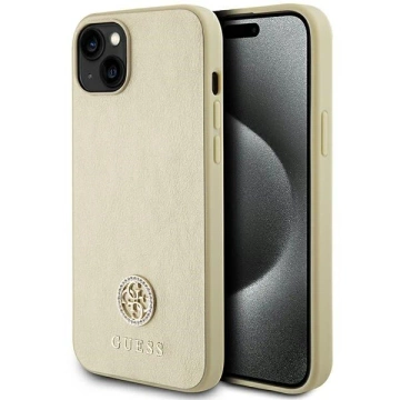 Etui Guess GUHCP15SPS4DGPD na iPhone 15 6,1" złoty/zlaté pevné pouzdro Kožené 4G kovové logo Strass