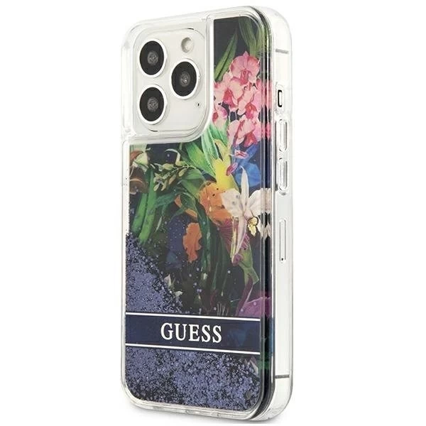 Guess GUHCP13XLFLSB iPhone 13 Pro Max 6,7" niebieski/синій твердий чохол Flower Liquid Glitter