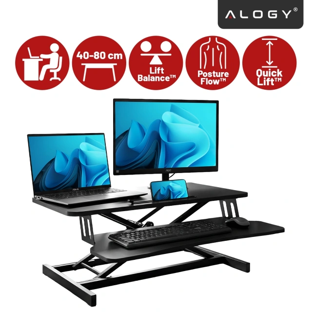 Stehschreibtisch mit pneumatischer Höhenverstellung 60 × 80 cm – Höhenverstellung 11–51 cm, zweistufig, klappbar, ideal fürs Homeoffice – Alogy LiftDesk™ Schwarz